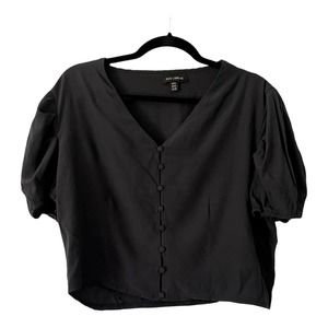 QED London Black Button Front Short Puff Sleeve Crop Top Size 10